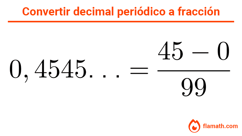 Convertir decimal periódico puro con dos cifras repetidas en fracción. Ejemplo con 0,4545...