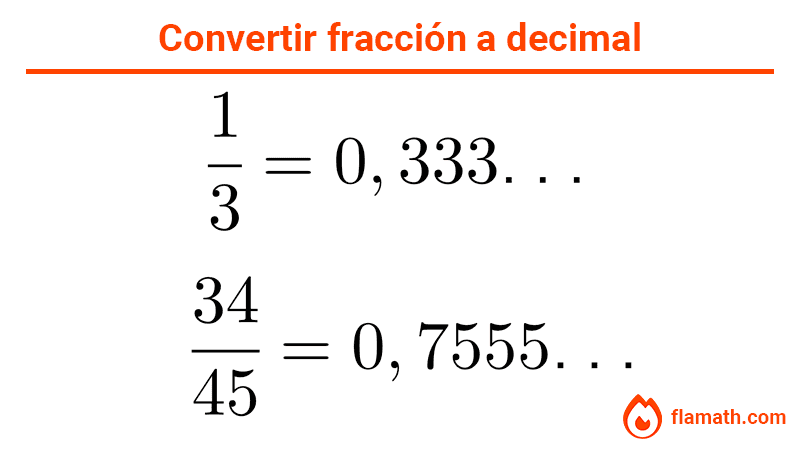 Convertir fracción a decimal periódico. Ejemplos 1/3=0,333...34/45=0,7555...