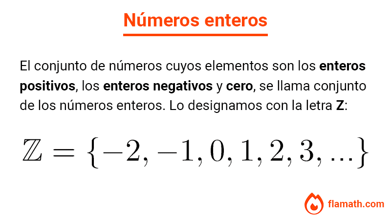 Concepto y definición de números enteros como unión de conjunto de números enteros positivos, negativos y cero. Letra con la que se lo designa