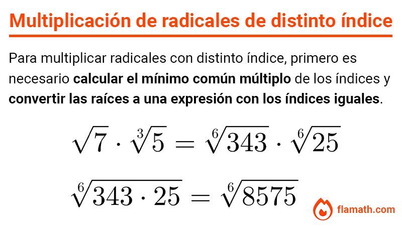 Multiplicación de radicales de distinto índice con ejemplo resuelto