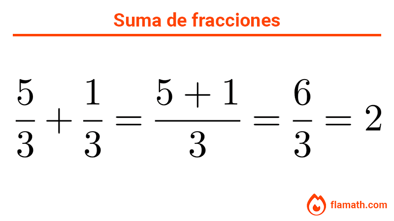 Suma de fracciones de igual denominador ejemplo 5/3+1/3