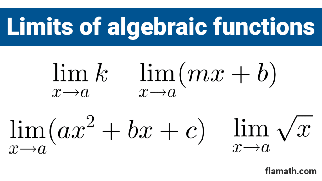 Limits of algebraic functions at a point and at infinity: polynomial, constant, identity, linear, quadratic, radical, indeterminate forms