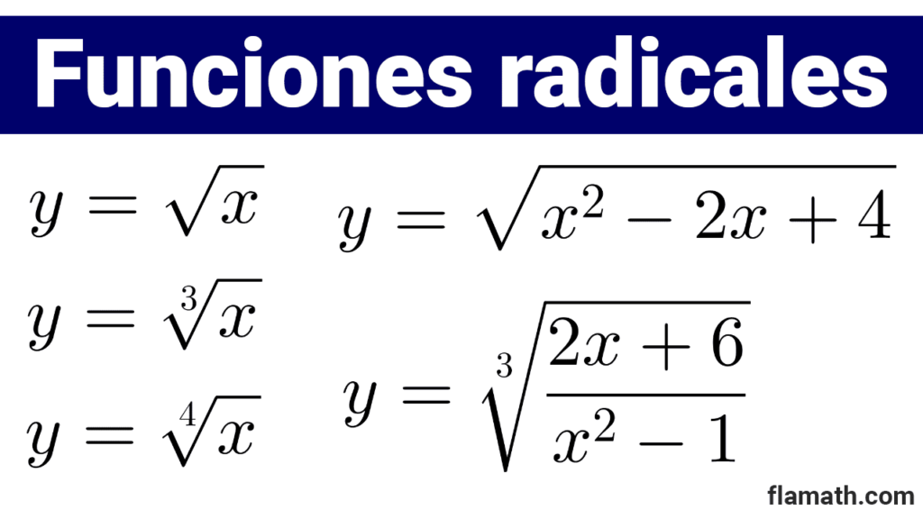 Ejemplos de funciones radicales con sus ecuaciones o fórmulas