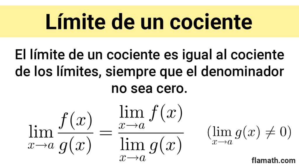 Propiedad del límite de un cociente o división de funciones es igual al cociente de los límites