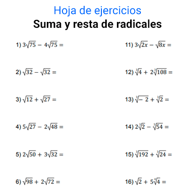 descargar hoja de ejercicios suma y resta de radicales